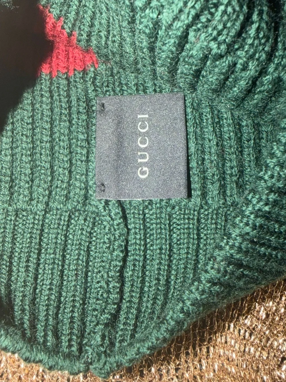 Classic New Gucci Green and Red Ribbed Wool Beanie